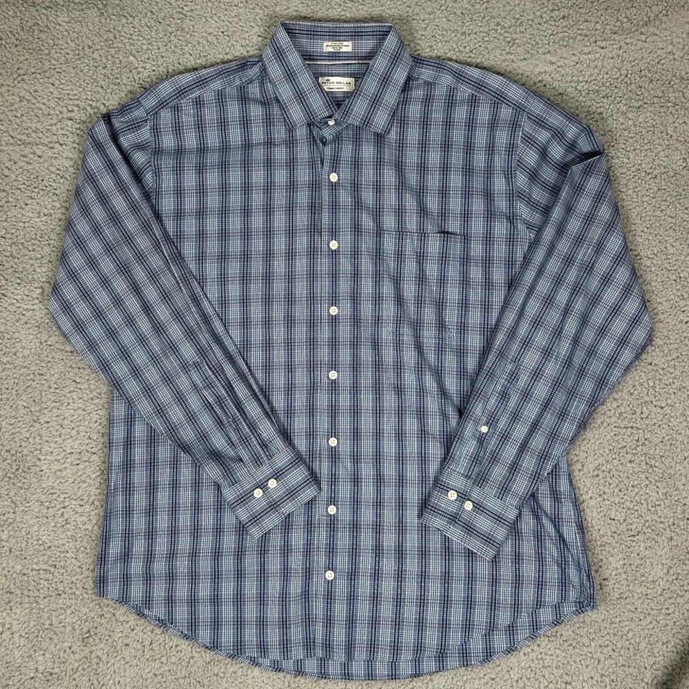 Peter Millar Shirt‎ Mens Extra Large Blue Plaid Crown Comfort Button Down Casual